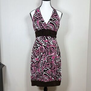 Vtg Y2K Speechless Womens Halter Dress XL  Pink Brown Empire Waist Bubble Hem